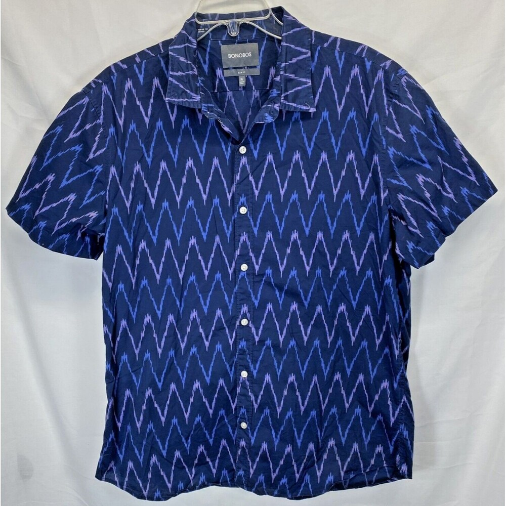 Bonobos Men's Slim Fit XL Violet/Blue Wavy Strip Short Sleeve Shirt w/ defect